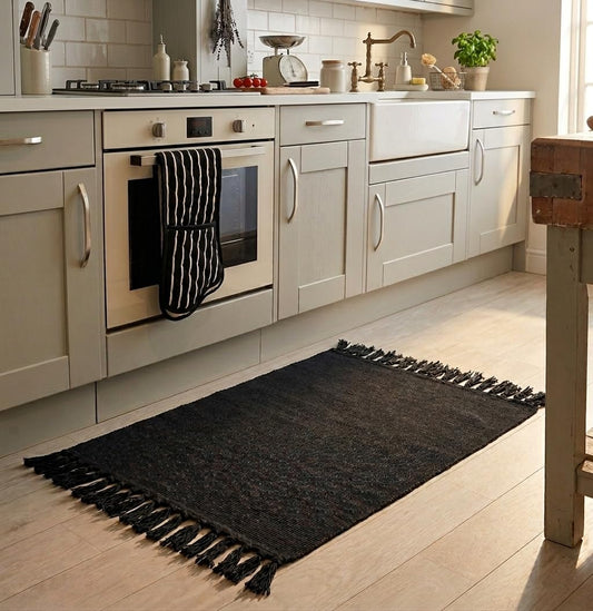 Seavish Black Kitchen Rug, 2x3 Cotton Hand Woven Recycled Throw Rug Runner Braided Entryway Floor Mat for Laundry Room Bathroom Bedroom Dorm