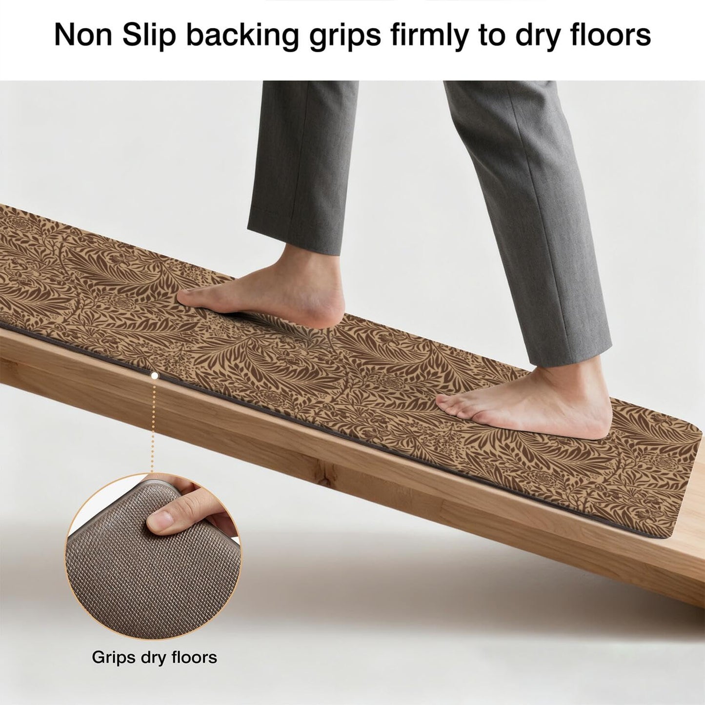 Tropical Palm Leaf Anti Fatigue kitchen Rug and Mat Non Slip Comfort Washable Waterproof Brown botanical Kitchen decor Mat, Ergonomic standing Rug Set of 2 for Home, Sink, Laundry, 17.3"x47"+17.3"x30"