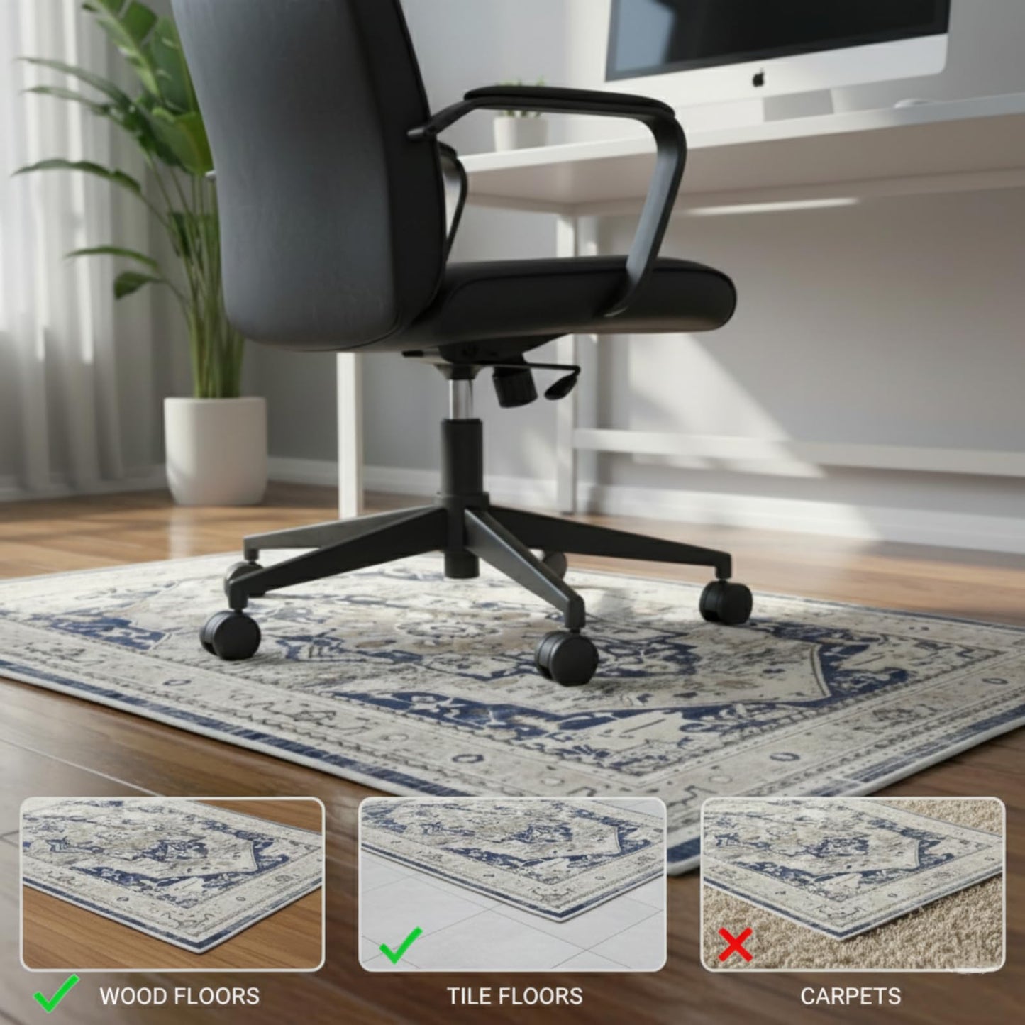 Office Chair Mat for Hard Floor - 48'' x 60'' Chair Mat for Hardwood and Tile Floors, Non-Slip Hard Floor Protection Mats for Rolling Chair Under Desk, Machine Wash (Beige & Blue)