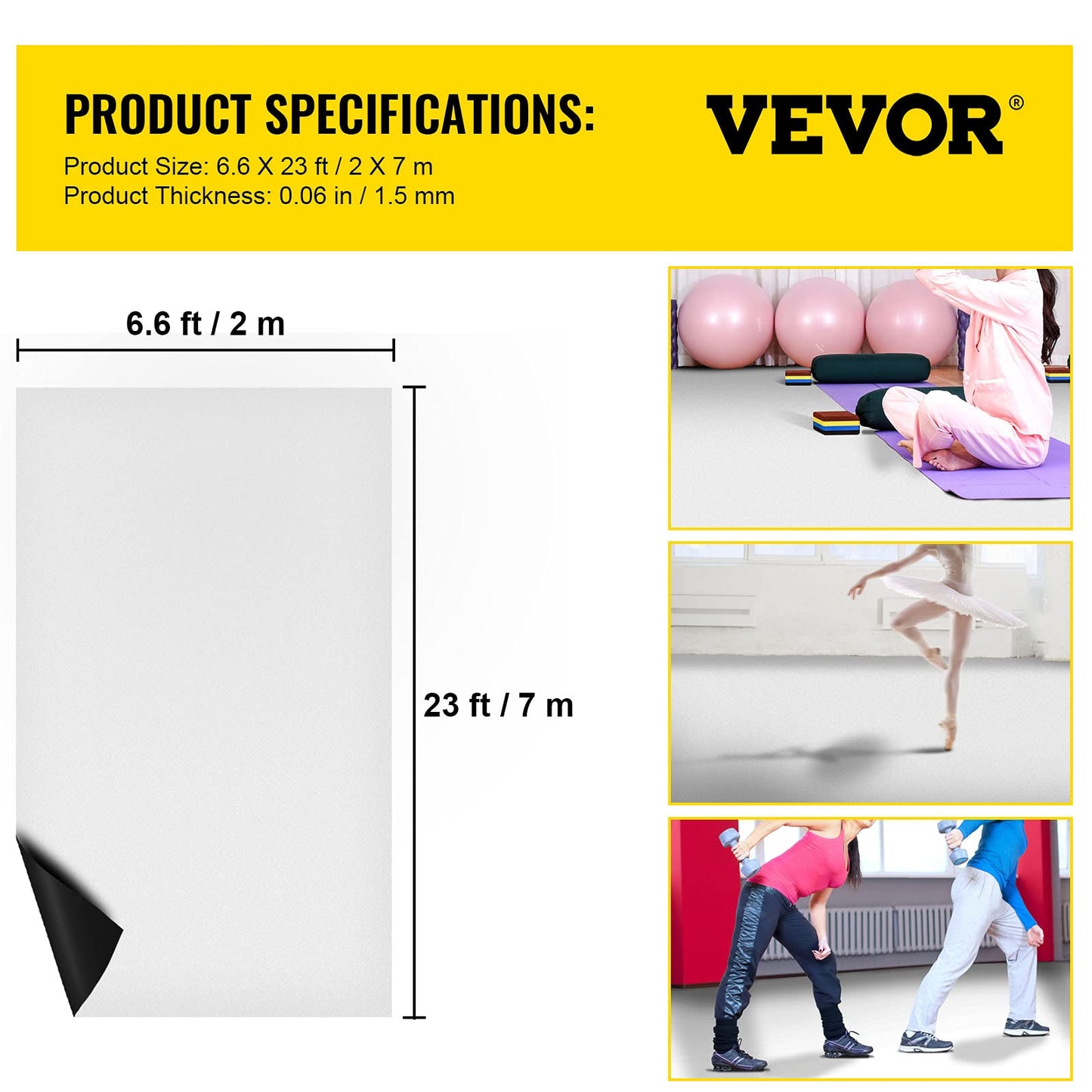 VEVOR Dance Floor 6.6x23ft, Dance Floor Roll 0.06in Thick PVC Vinyl Dance Mat Black/White Reversible Portable Marley Dance Practice Floor, Non-Slip Dance Flooring for Ballet Jazz Pop Lyrical Style