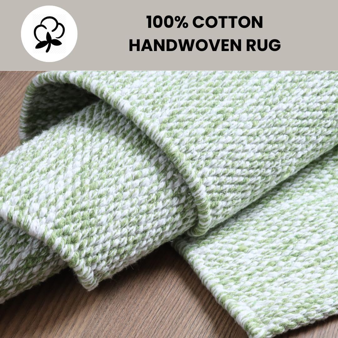 Threadvista Hand Woven Area Rug 4x6 Feet - Rustic Farmhouse Bohemian Accent Rug for Living Room Bedroom Kitchen Entryway Floor Mats Non Slip - Ideal for High Traffic Areas 100% Cotton Rug Green