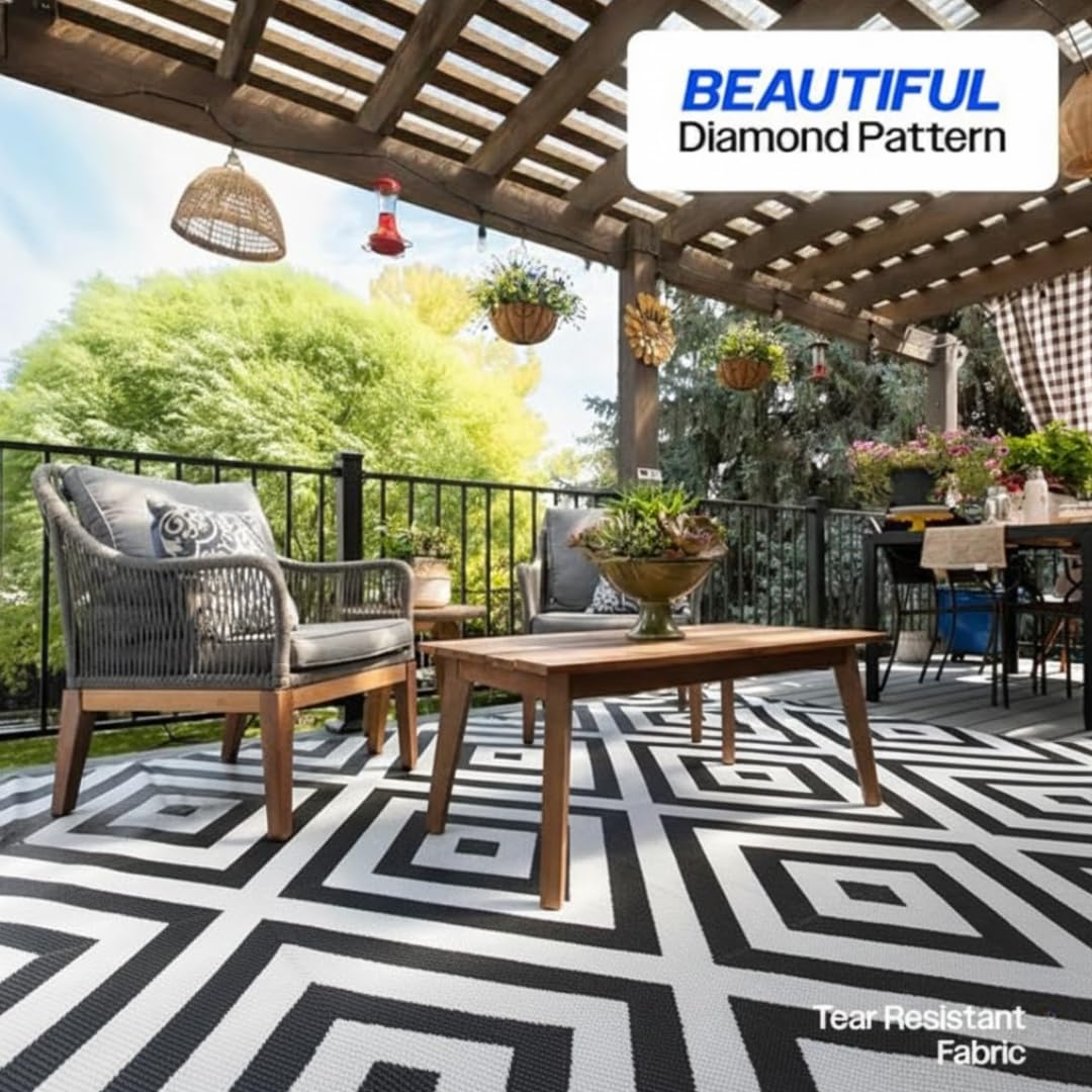 Outdoor Rug - 8x10 Outdoor Area Rug for Patio - Easy to Clean - Black and White Diamond Pattern - Outside Rug by Joylee