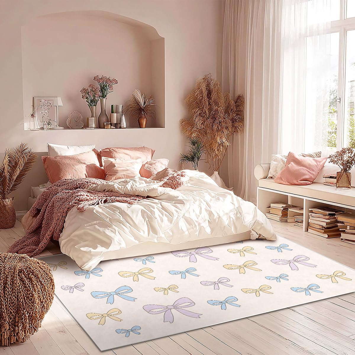 Bildenly 3x5 Area Rug with Bow-Knot Pattern, Washable Rug for Girls Bedroom, Non-Slip Small Living Room Carpets, Baby Bedside Indoor Rug, Stylish Decor for Girl Couples Pet
