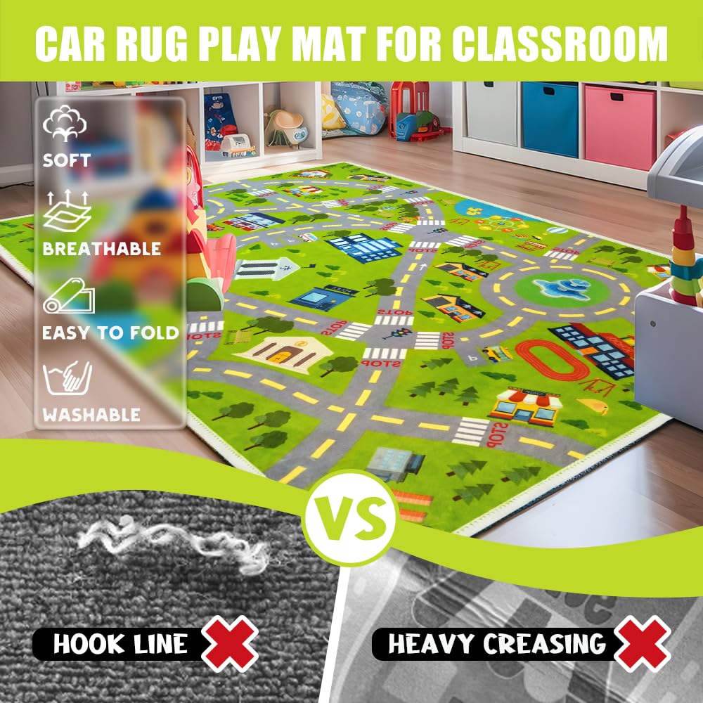 Xuzrdaa Kids Carpet Car Rug Play Mat, Road Rug - Play Learn and Have Fun Safely - Extra Large Thick (0.6cm) Kids Carpet for Playroom, Kids Bedroom, Toddler Room, Non-Slip Rugs(KR1,2.6 * 4ft)