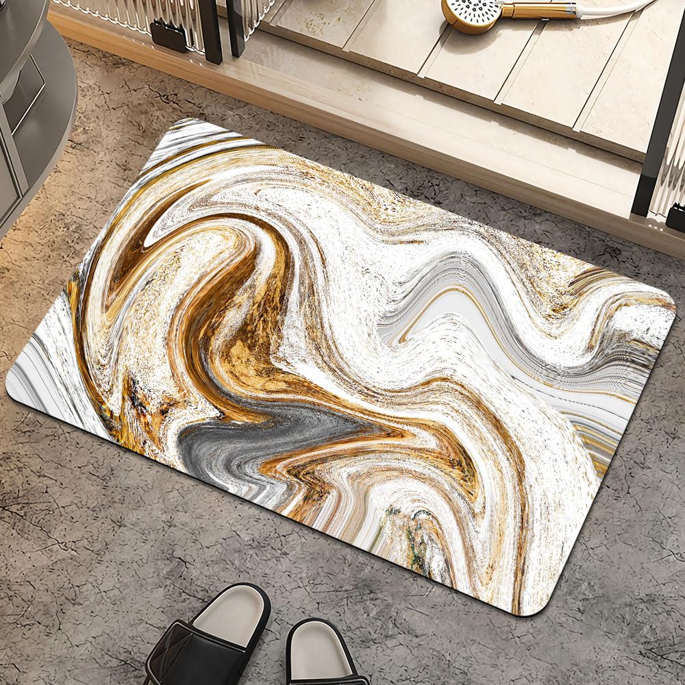 ZHUZHISHAN Bath Mat Rug,White Grey Gold Marble Non Slip Quick Dry Super Absorbent Thin Bathroom Rugs Fit Under Door-Easy to Clean Bathroom Floor Mats-Shower Rug for Shower Sink Bathtub(16" x 24"in)