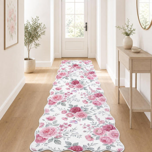 Cosovia Scalloped Runner Rug 2x6, Floral Rose Butterfly Washable Long Kitchen Mats for Floor, Pink Vintage Low Pile Non Slip Runner for Hallway, Entryway, Laundry Room, Living Room