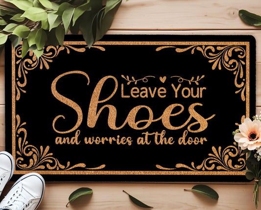 Leave Shoes & Worries at The Door Zen Doormat - Non-Slip 30x17 Inch Indoor/Outdoor Rug, Funny Take Off Shoes Mat for Entryway or Porch, Mindfulness Home Decor Gift