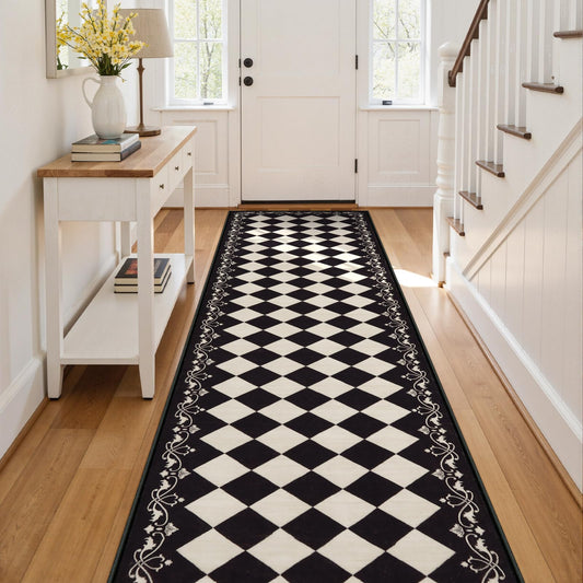 Zealude Moroccan Trellis Black and White Runner Rug 2.5x8 Washable Carpet Runners for Hallway 8ft, Soft Low Pile Checkered Bathroom Rug Gingham Print Kitchen Mordern Plaid Carpet for Bedsides Laundry