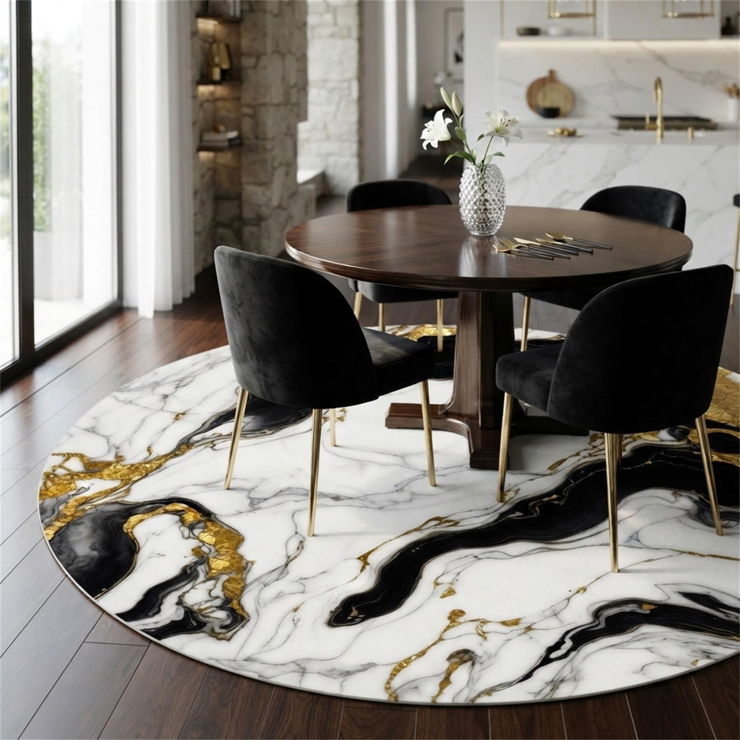 Round Area Rug 5ft Modern Abstract Marble Texture Indoor Rugs for Livingroom Bedroom Lux Black Cream Gold Circle Rug Machine Washable Non Skid Thin Soft Large Carpet Nursery Dorm Kitchen Floor Mats