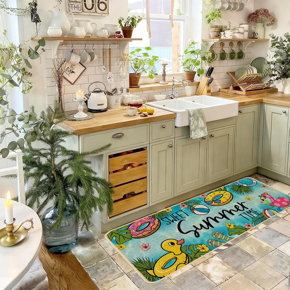 Baccessor Summer Pool Kitchen Rugs Set of 2, Poolside Tropical Flamingo Kitchen Mats Non-Slip Low Profile Seasonal for Floor Hallway Laundry Sink Patio Porch Home Decor 17x29 and 17x47 Inch