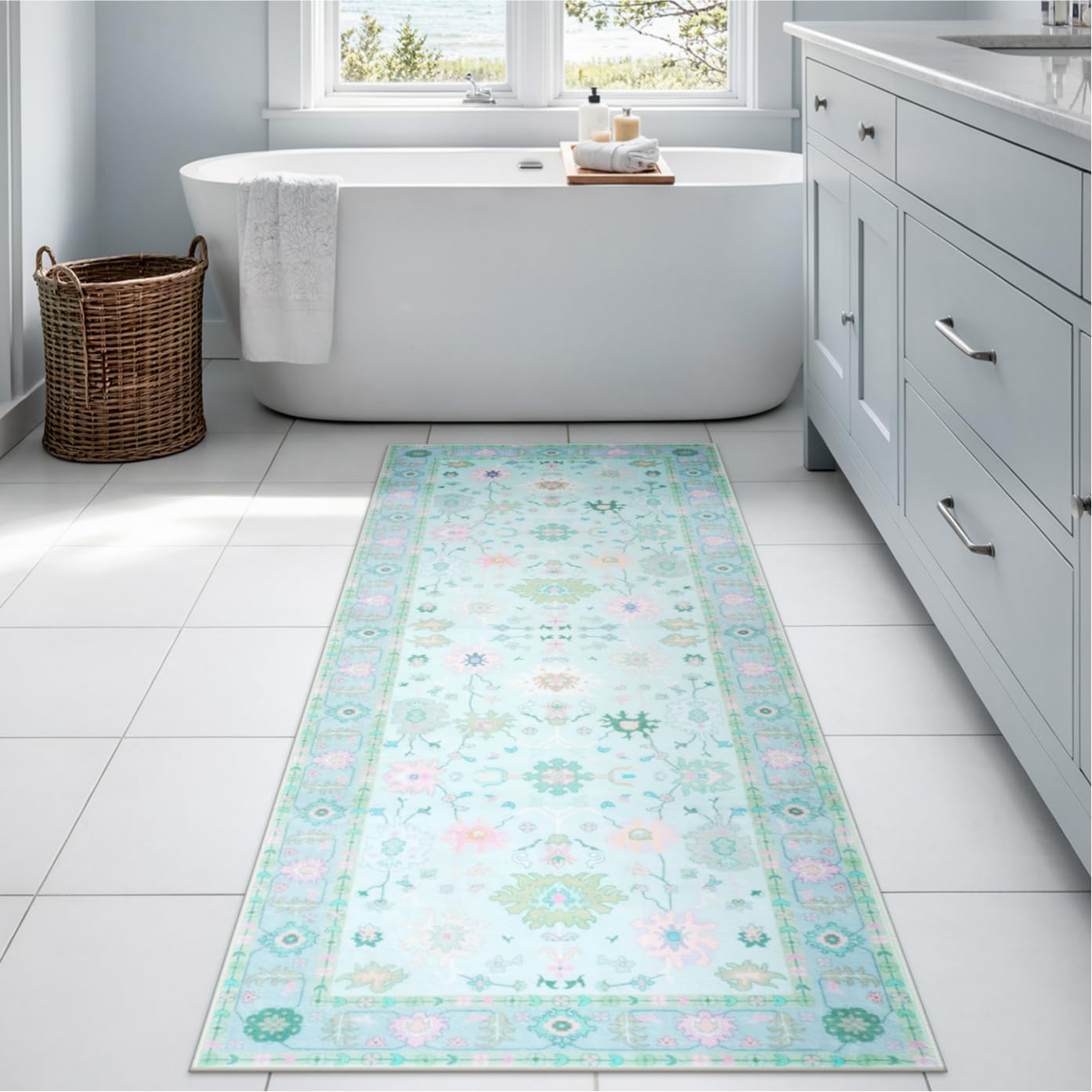 LIVEBOX Modern Oushak Bedroom Runner Rug, Boho Floral 2x6 Runners for Hallways 6ft, Non Slip Washable Soft Rug Kitchen, Ultra Thin Turkish Retro Carpet Runners for Bathroom Entryway, Blue