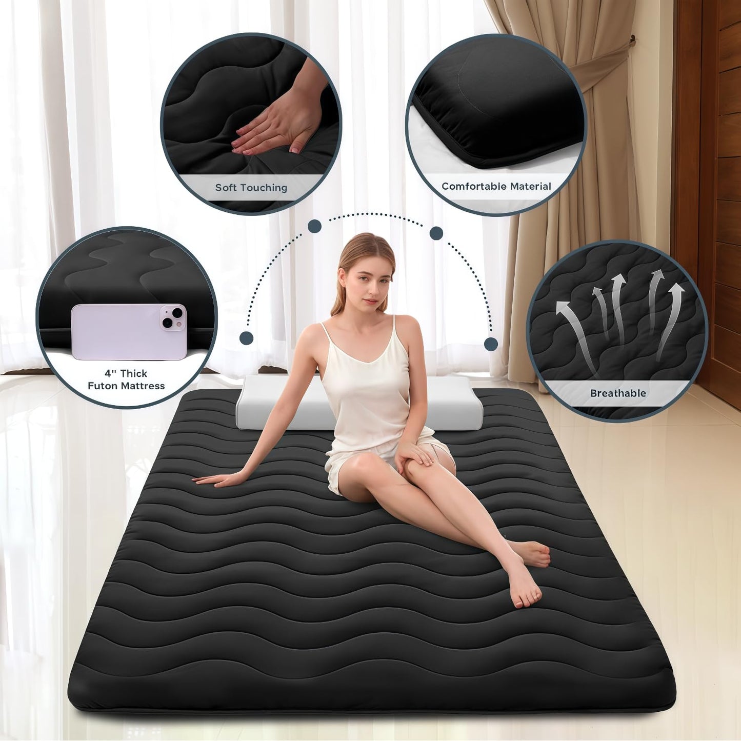 Japanese Floor Mattress, 100% High Density Comfortable Foam, 4" Thicken Foldable Mattress Tatami Mat Sleeping Pad, Ideal for Comfort and Support, Kids Floor Lounger Camping Bed Sofa, Black, Queen