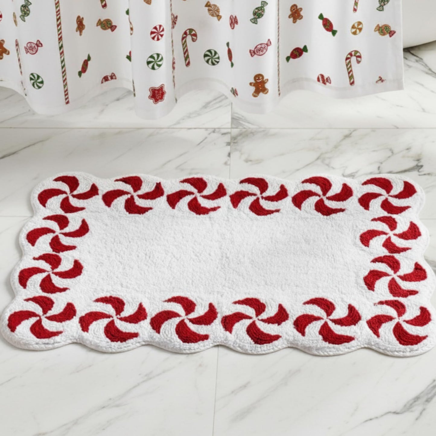 WILLBOND Scalloped Candy Christmas Bathroom Rug Peppermint Swirl Bath 32 x 20 Inch Nonslip Rug Flocking Christmas Bathroom Decor Soft Washable Shower Floor Mat for Tub Bedroom Holiday Home Decor
