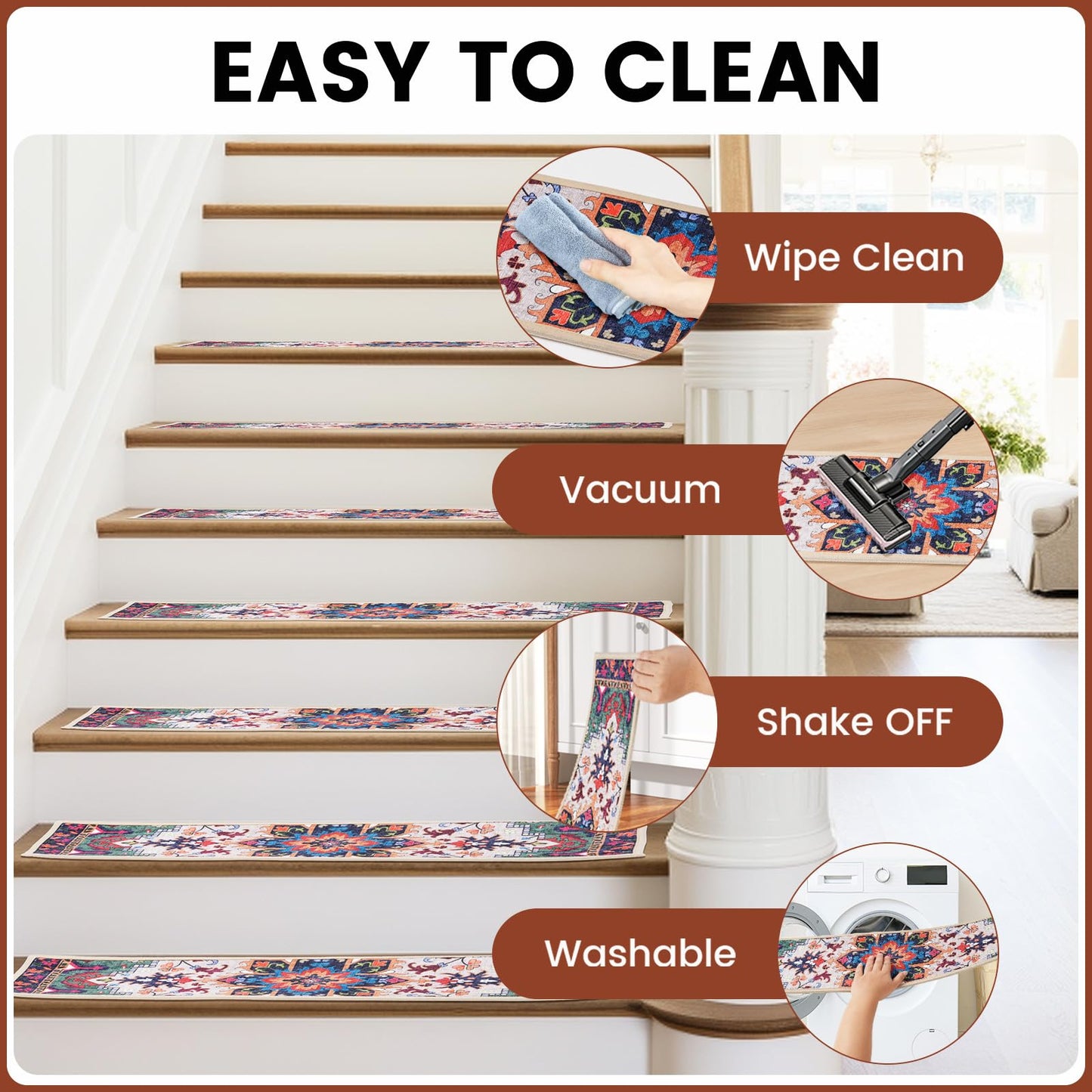 No Slip Stair Treads for Wooden Steps, Machine Washable Stair Runners 15 Pack 30x8 for Pets, Kids & Elders, (Boho - Orange)
