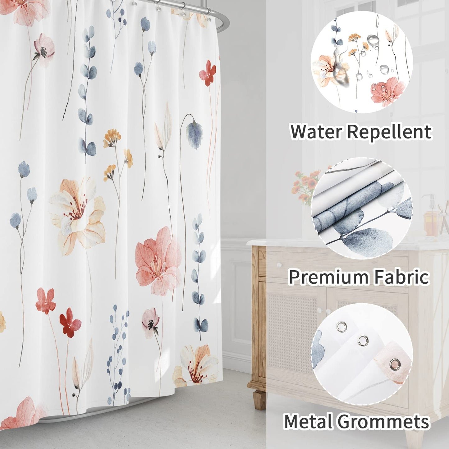 Gibelle Non Slip Bath Mat, Bathroom Set with Shower Curtain and Rug and Accessories, Bath Curtain 72" W x 72" L, Bath Rug 18" W x 26" L