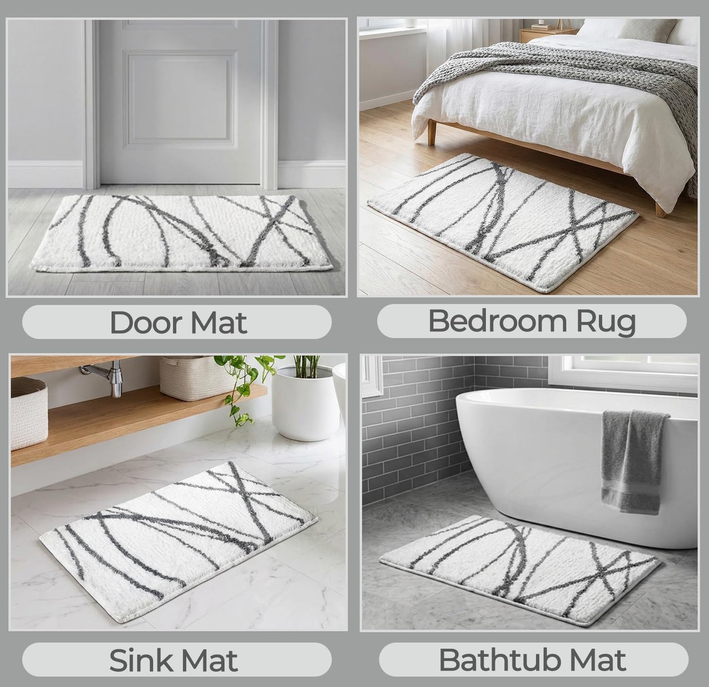 Tititex Luxury White Grey Curve Line Bathroom Rug, 16x24 inch Classic Extra Soft and Absorbent Microfiber Bath Rugs, Non-Slip Plush Shaggy Bath Carpet, Bath Mat for Bathroom, Tub and Shower