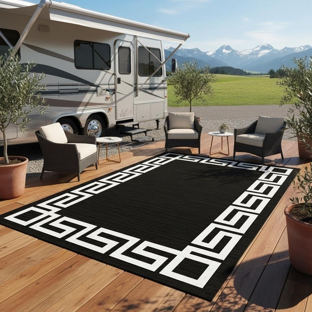 Black White Greek Key Border Outdoor Rug for Patio Deck Balcony Camping Garden Porch Large Waterproof Outside Carpet Meander Frame Decorative Area Rug Kitchen Camping Rv Picnic Easy Clean Mats 3x5