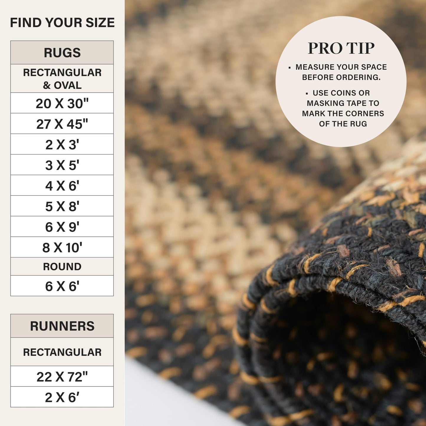 Kilimanjaro Jute Braided Rug 2x3' Black & Tan – Primitive Country Braided Rugs for Bathroom, Entryway, Kitchen & Farmhouse – Pet-Friendly, Reversible & No-Shed