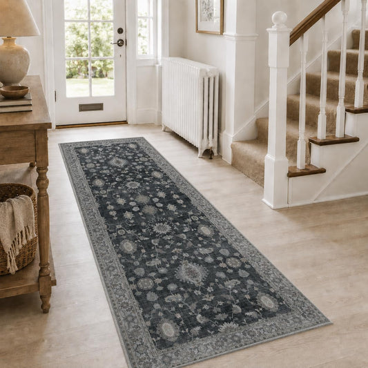 GENIMO Runner Rug for Hallways Machine Washable, 2x5 Non Slip Boho Vintage Lightweight Washable Runners, Thin Floor Rugs for Entryway Hallway Bathroom Laundry Room Corridor, Charcoal