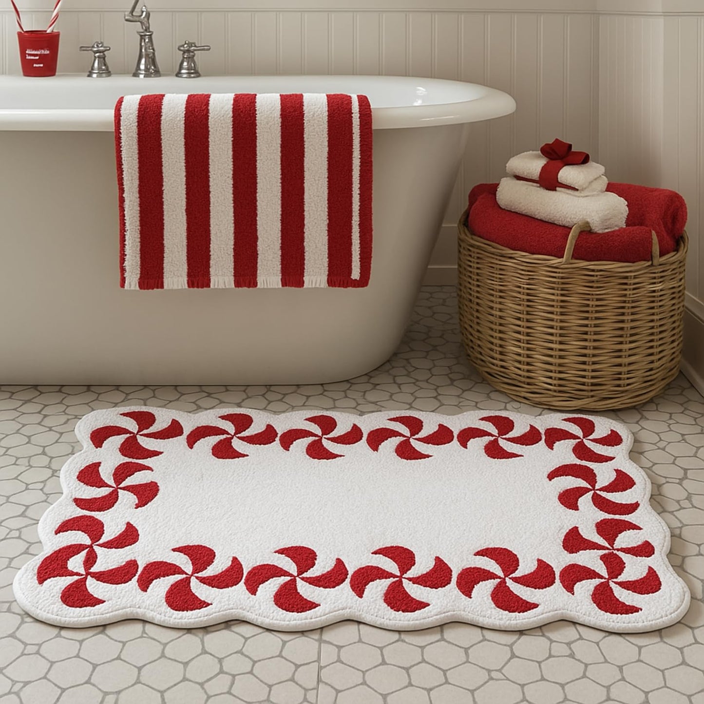 WILLBOND Scalloped Candy Christmas Bathroom Rug Peppermint Swirl Bath 32 x 20 Inch Nonslip Rug Flocking Christmas Bathroom Decor Soft Washable Shower Floor Mat for Tub Bedroom Holiday Home Decor
