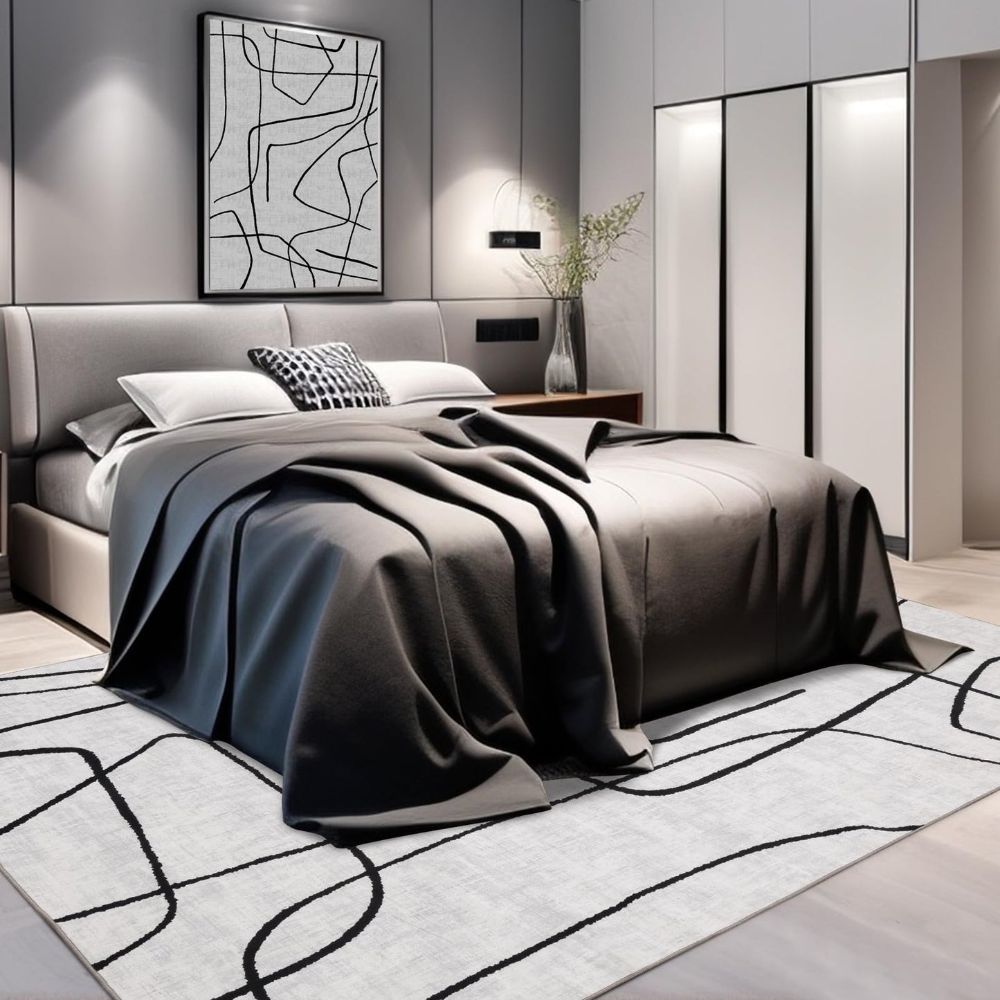 YIHOUSE 5x7 Washable Living Room Rug - Modern Abstract Black and White Area Rug Non-Slip for Bedroom Home Office (Abstract, 5'x7'ft)