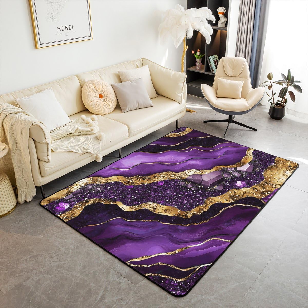 Erosebridal Marble Area Rug 5x7 Gold Purple Living Room Rug Non Slip Aesthetics Marbling Carpet for Bedroom Kitchen Watercolor Abstract Indoor Floor Mat Non Slip
