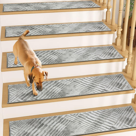Muddy Mat® Pack of 8 - Soft Chenille Stair Treads Non-Slip Reusable, Super Absorbent Stair Treads for Wooden Steps, Tile & Marble Floor, Easy to Install & Machine Washable - Grid 30'' x 7''
