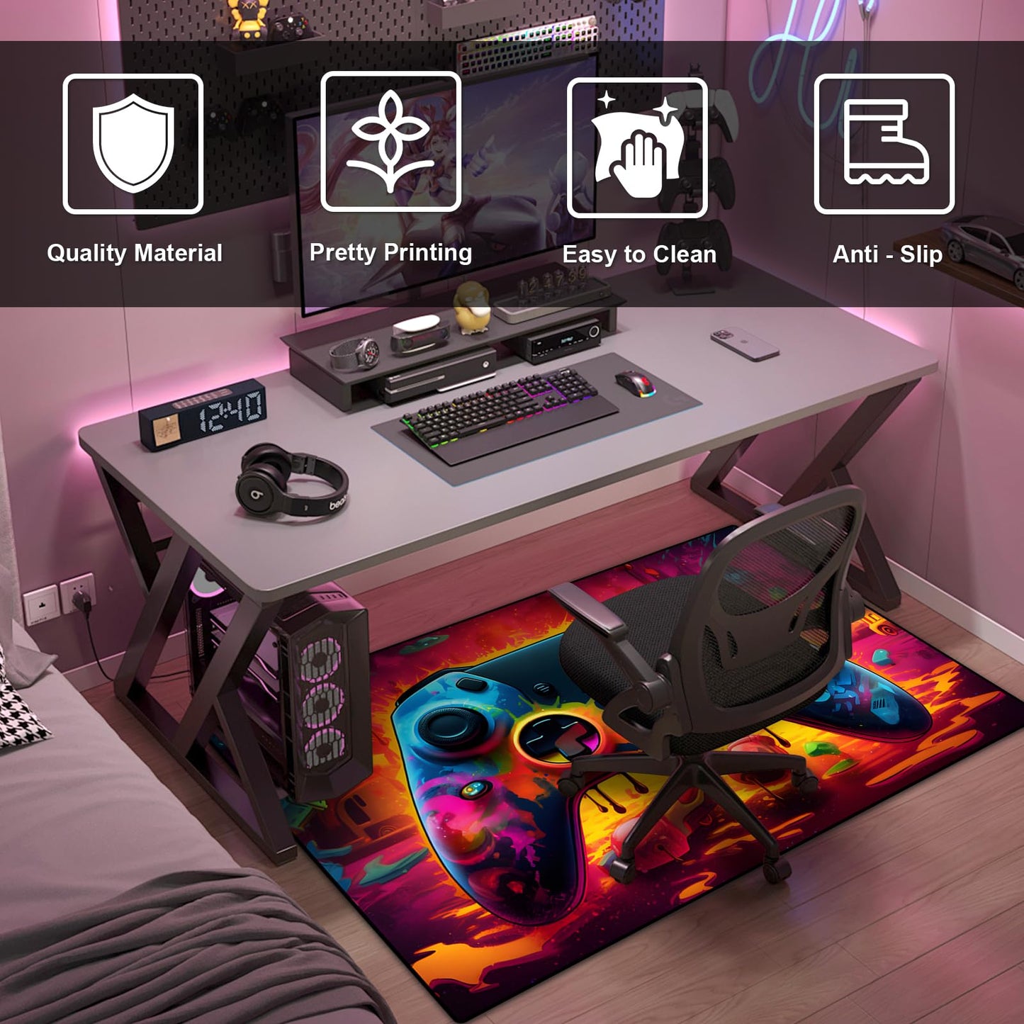 Gaming Area Rug Teen Boys Carpet, Lava Design Gamepad and Colorful Bomb Background Game Controller Design for Game Room, Gaming Room, Boys Girls Bedroom Playroom, Living Room (60"x40" - 150x100cm)