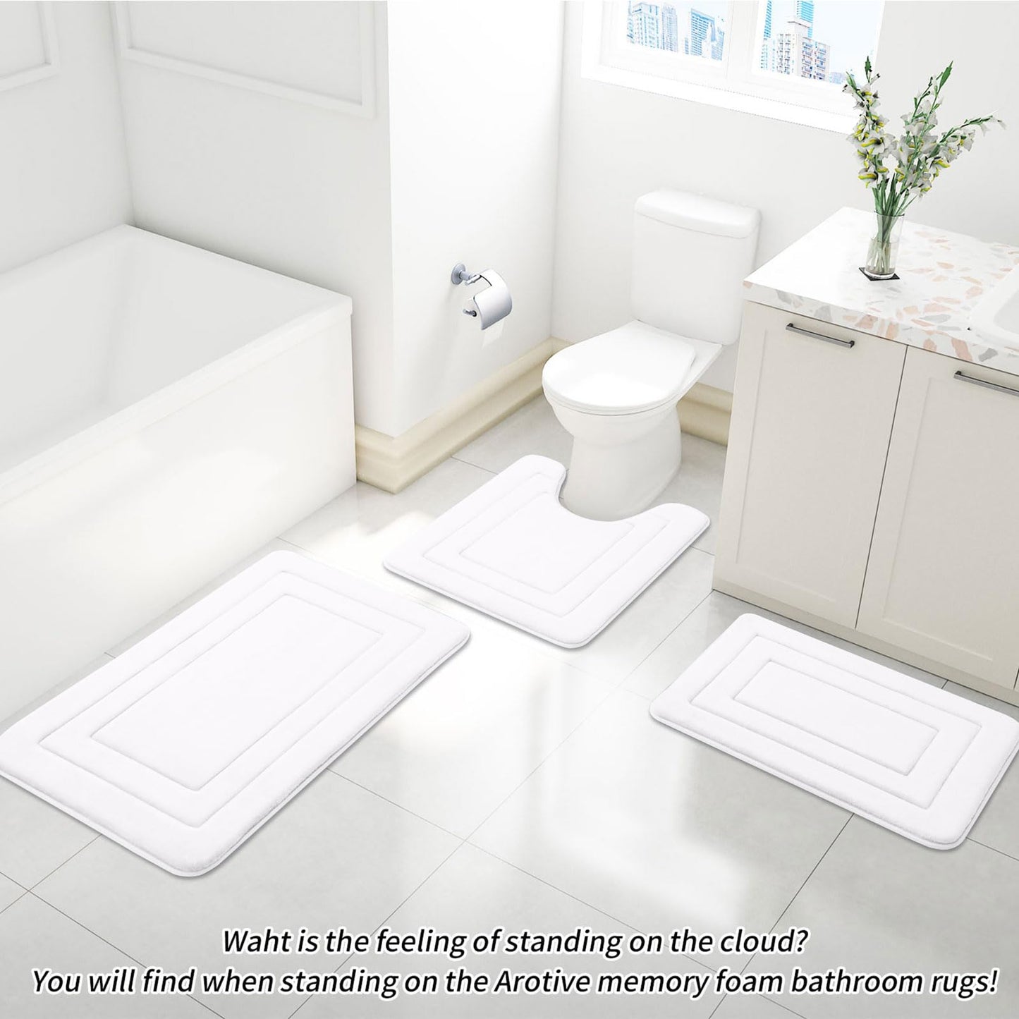 Arotive Memory Foam Bathroom Rug Mat 47x17, Ultra Soft and Absorbent Bath Mat, Machine Wash Dry, Comfortable Bath Rug Carpet for Bathroom Floor, Tub and Shower, White
