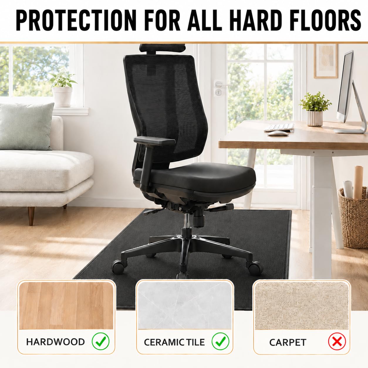 Office Chair Mat for Hardwood Floors, 48 x 35.5 in Non-Slip Desk Chair Mat for Rolling Chairs, Low Pile Under Desk Rug Floor Protector for Wood, Tile & Laminate Floors, Black