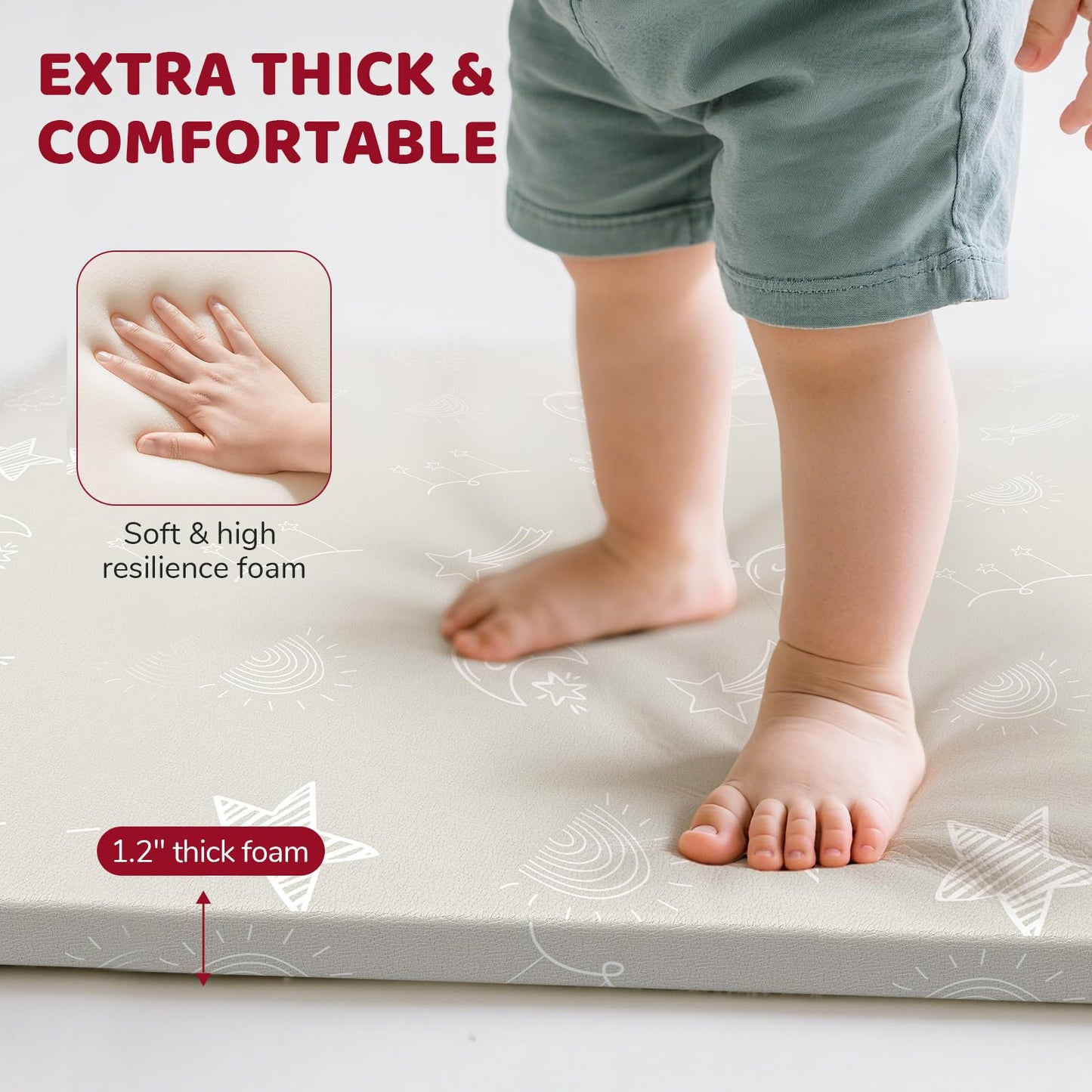 47x47 Baby Play Mat - Leather Waterproof Tummy Time mats for floor - 1.2" Extra Thick Foam Cushioned & Super Soft Babycare Playmat for Playpen Crawling- Padded Activity Gym for Kids Babies Toddlers