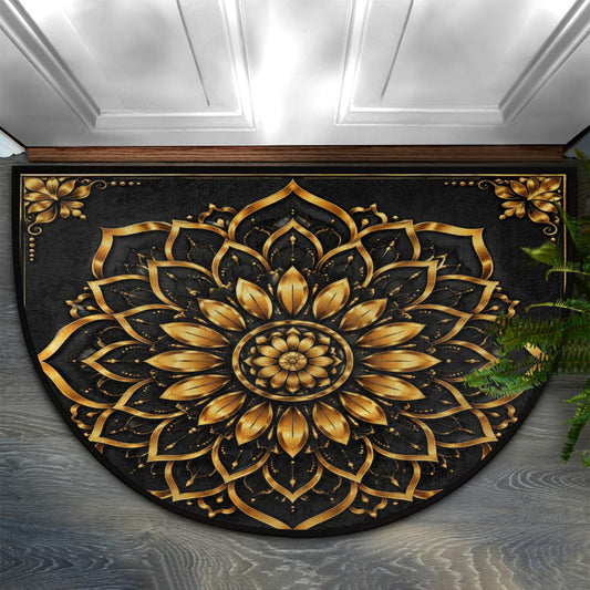 Ivolege Front Door Mat & Half Round Door Mat Vintage Golden Mandala Flowers Half Circle Rug for Home Decor Floor Outdoor Indoor Non-Slip Absorbent Half Moon Rug Doormat 36X24 Inch