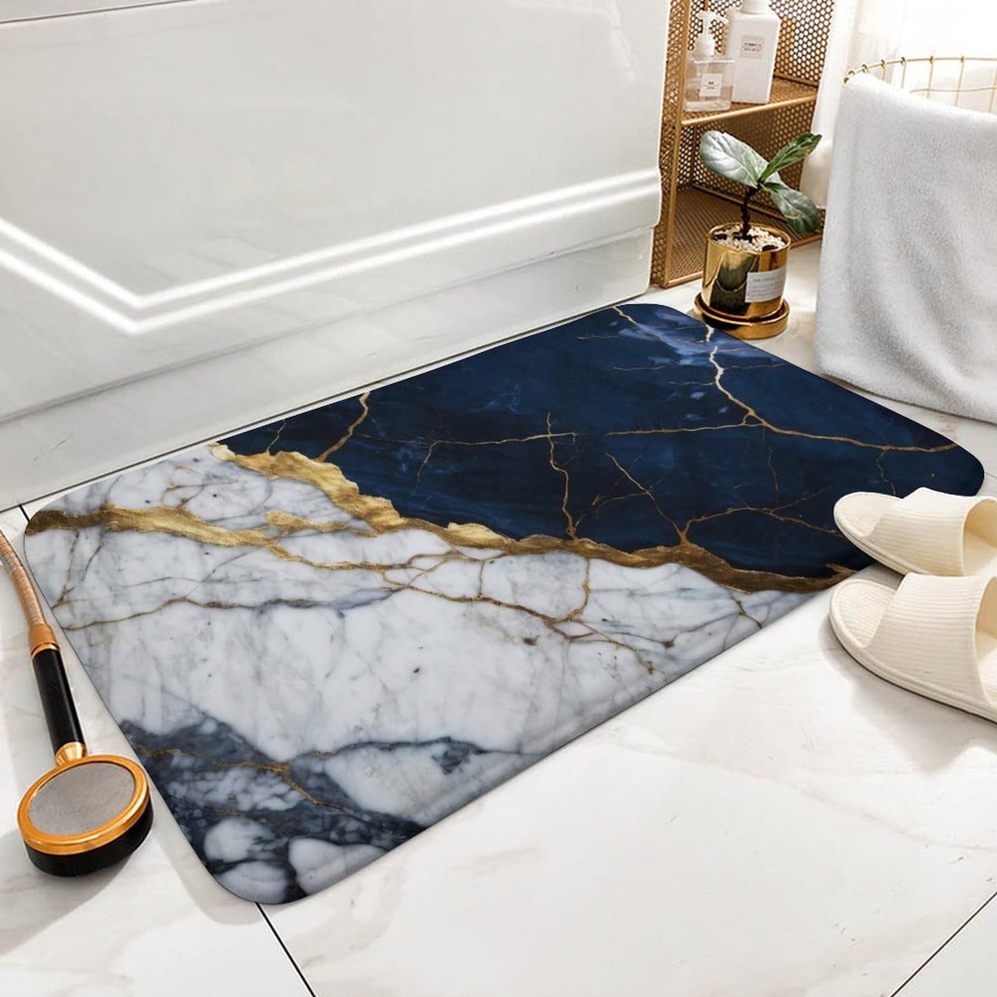 Marble Bath Rug 15.7" x23.6, Modern Foil Texture White Navy Blue Gold Marble Ultra Absorbent & Non-Slip Bath Carpet, Machine Washable, Soft Microfiber Bath Mats for Bathtub Laundry, Bathroom Floor