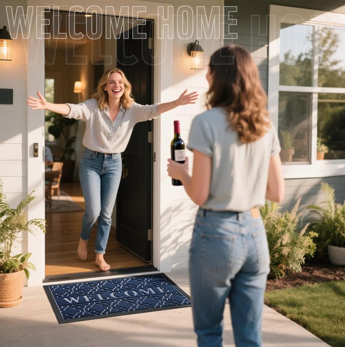 Yimobra Welcome Matt Outdoor Indoor 29.5x17, All-Weather Waterproof Front Door Mat, Non-Slip Low Profile Porch Patio Entrance Doormat, Blue