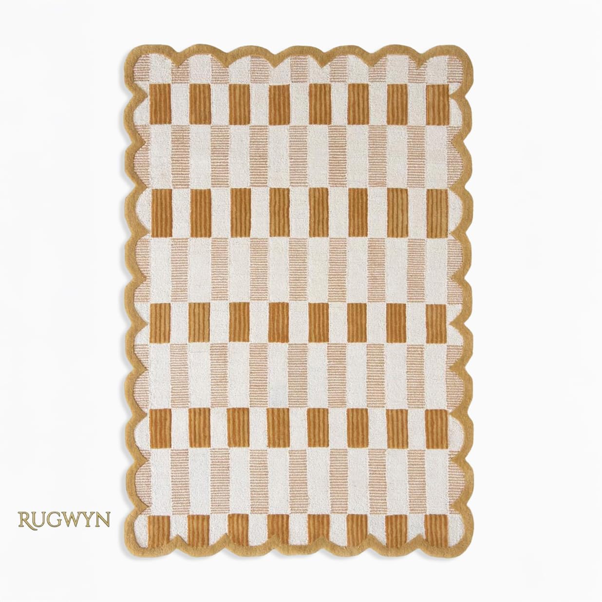 RUGWYN Hand-Tufted Scalloped Wool Area Rug, Modern Plaid Checkered Pattern, Soft & Durable Cozy Accent Rug for Living Room, Bedroom & Nursery, Handmade Decorative Carpet (Neutral, 5' x 7')