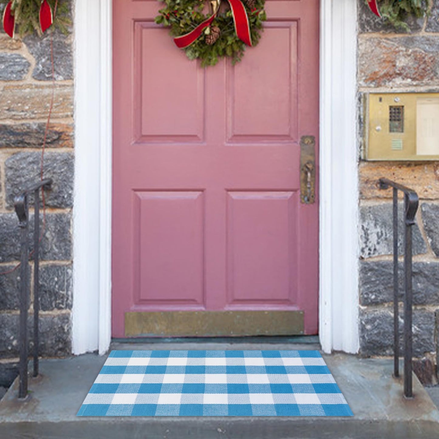 Fallovea Spring Rugs Blue and White Plaid, 28” x 43” Area Rug Outdoor Indoor Summer Front Porch Doormat Cotton Hand-Woven Layered Door Mats for Entryway Patio Entryway Laundry Bedroom