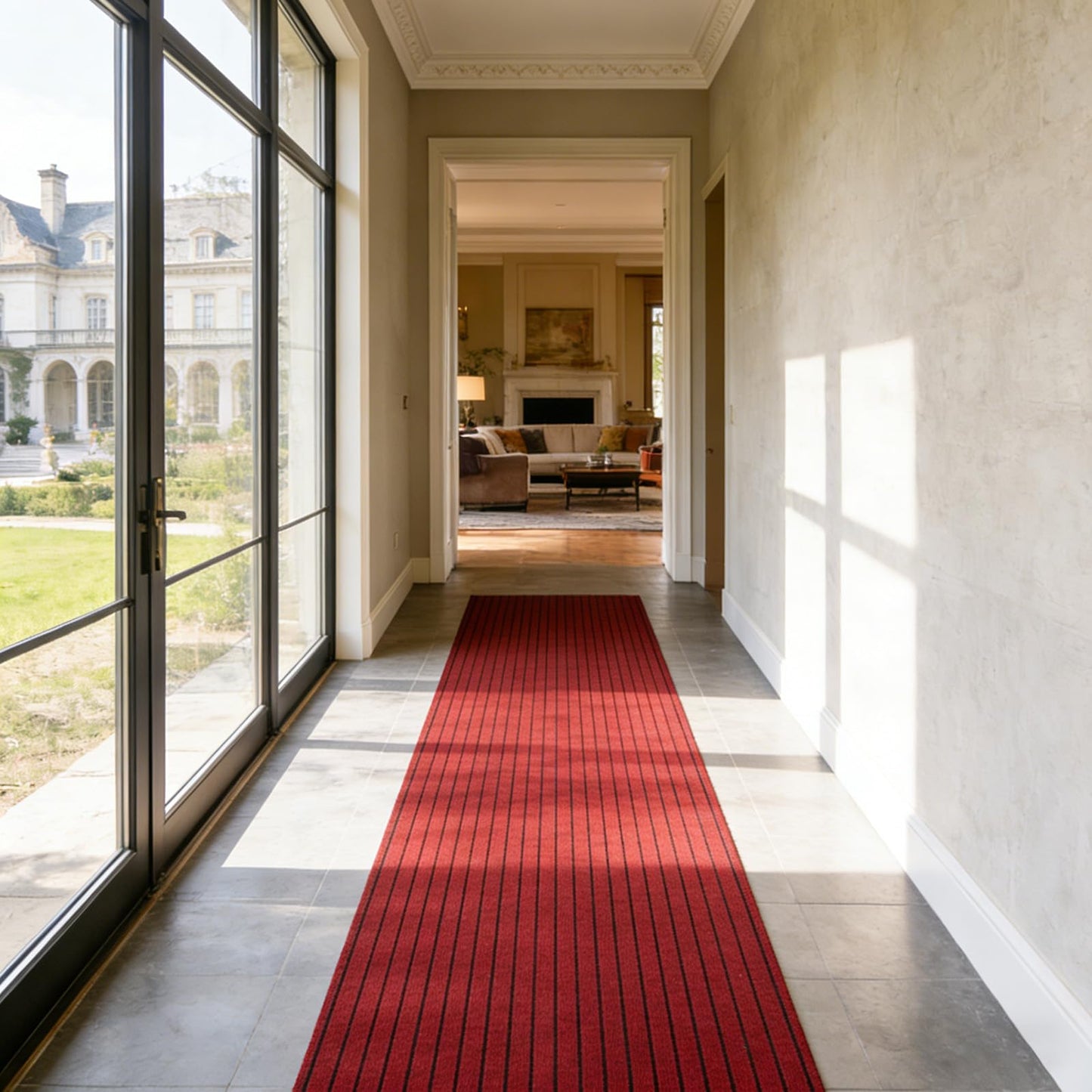 Stripe Runner Rug 3 x 15 ft Indoor Outdoor, Burgundy Non Slip Rubber Backing, Waterproof Low Profile Area Runner for Hallway, Entryway, Kitchen, Patio, Garage, Stairs & Laundry