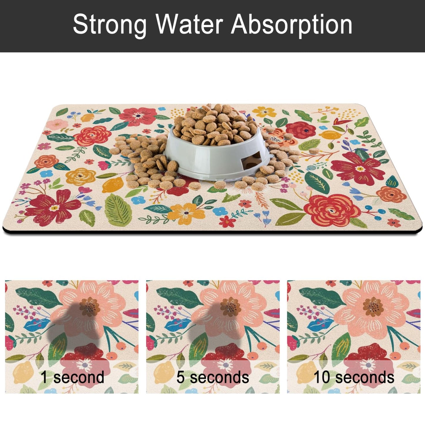 Dog Food Mat for Floors, Absorbent and Quick-Drying Pet Cat Food Mat,Anti-Fouling and Easy-to-Clean Pet Feeding Mat,Dog Bowl Mats for Messy Drinking Water Bowls.17x27inch Floral White