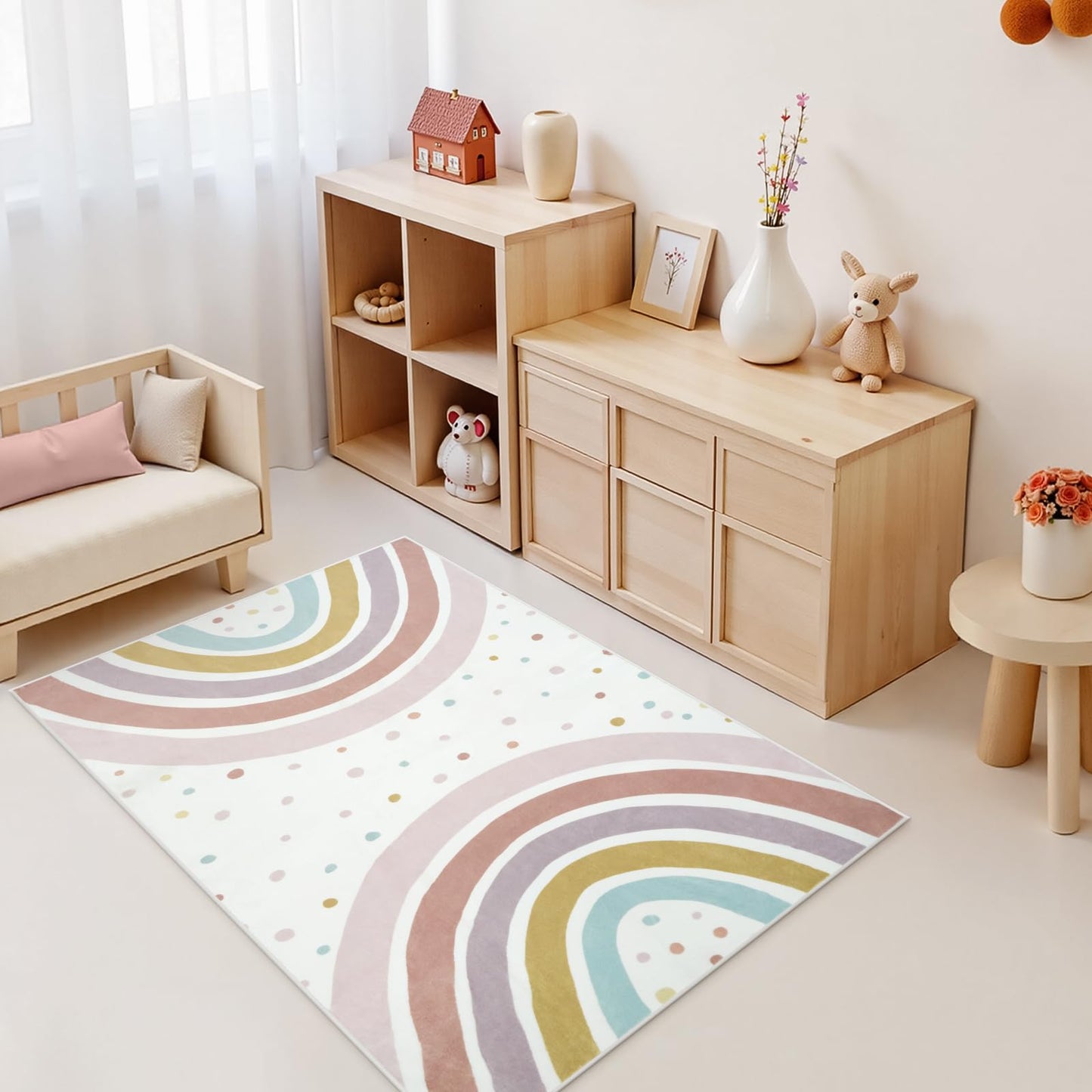 STARUIA Washable Rainbow Rug for Girls Bedroom, 3x5 Boho Classroom Rug Small Polka Dot Area Rugs for Kids Room, Soft Kids Carpet Non-Slip Nursery Rugs for Playroom Tent Baby Dorm