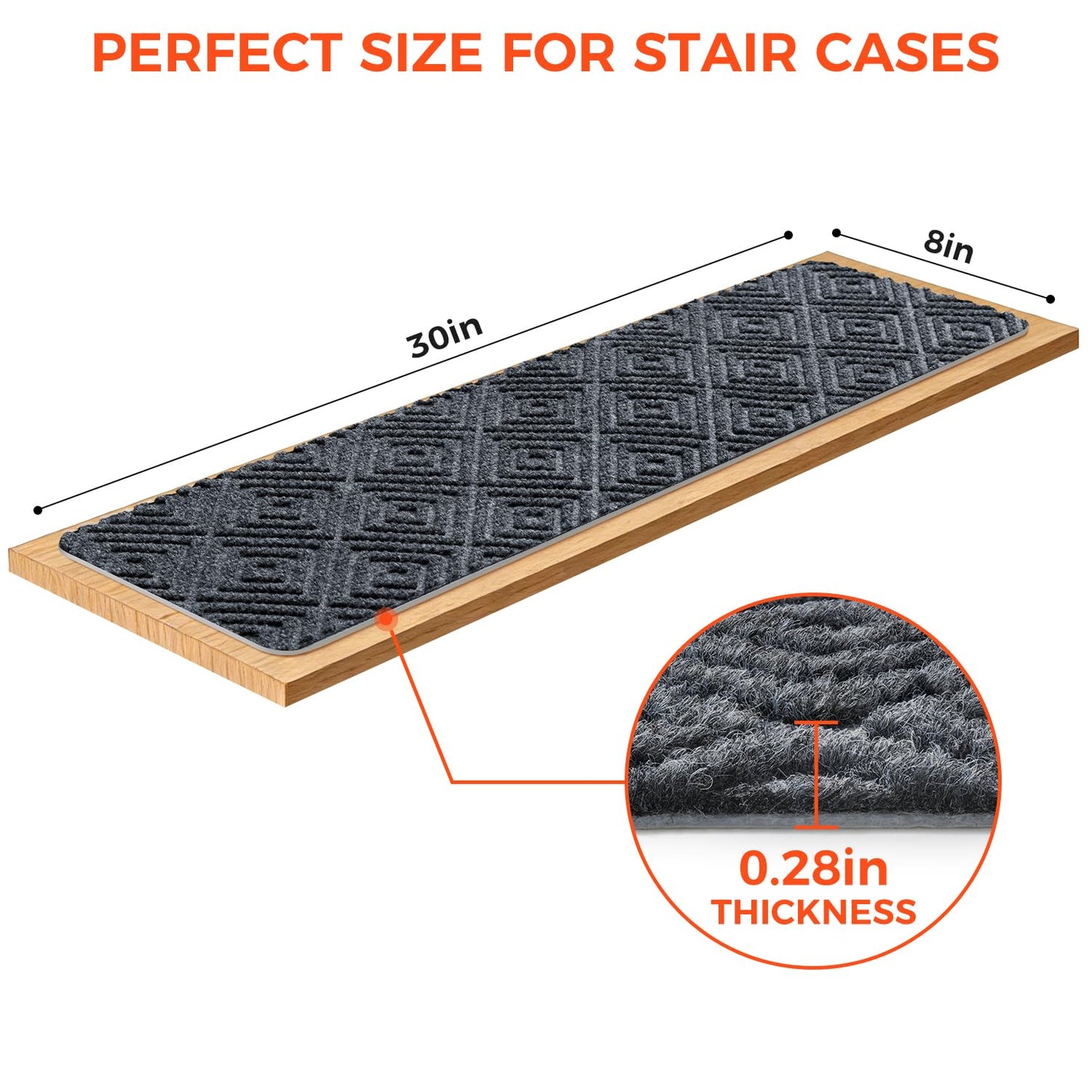 BAGAIL 15 Pack Non-Slip Stair Treads for Wooden Steps, 8"x30" Peel and Stick Carpet Stair Runners, Machine Washable Indoor Step Covers with No-Residue Adhesive for Dogs, Kids & Elderly - Dark Gray