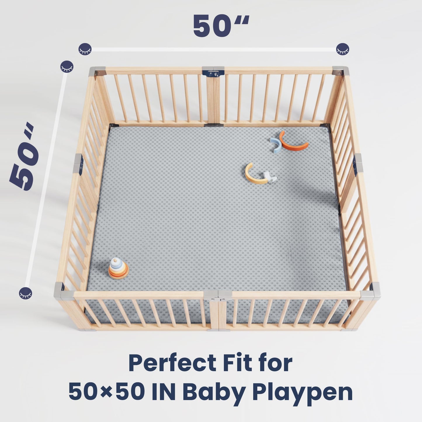 Baby Floor Play Mat for Playpen, Extra Thick 50x50 Inches Padded Mat with Ultra Soft 3D Minky Dot & Removable Washable Cover, Non-Slip & Safe for Crawling,Tummy Time,Infant/Toddler (Grey)
