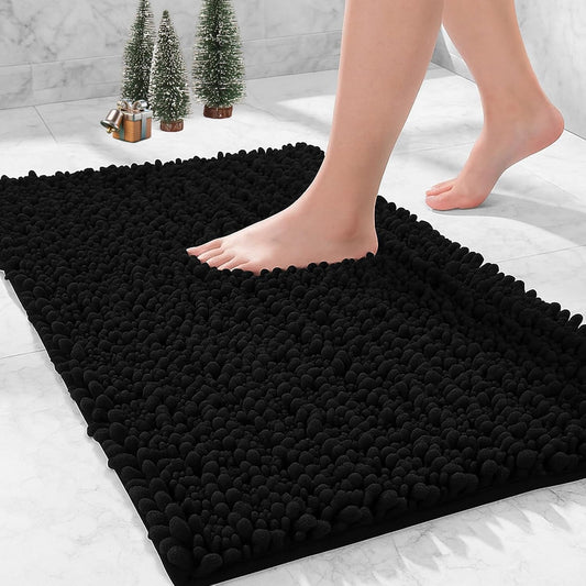 Ruggnovea Bathroom Rugs Non Slip Washable 32x20, Extra Thick Soft Chenille Absorbent Bath Mat, High Density Barrier Non Slip Backing, Quick Dry Plush Shaggy Floor Carpet for Tub&Shower, Black
