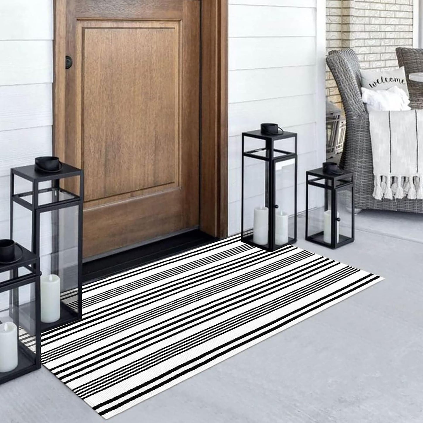 Black and White Striped Outdoor Rug, 2’ x 4.3’ Cotton Hand-Woven Reversible Front Porch Rug Washable Front Door Mat Entryway Rugs Welcome Layered Doormat Carpet for Patio Farmhouse Kitchen
