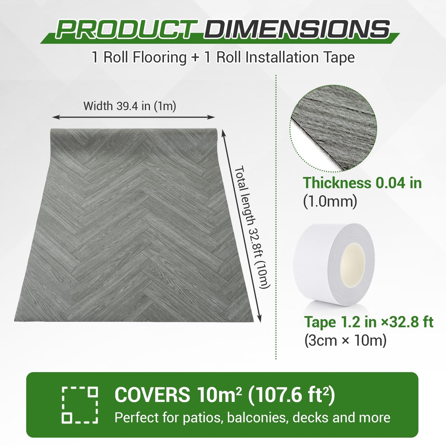 Klyyo Clyro Outdoor Flooring Roll, 3.28' x 32.8' 107.6 sq ft Waterproof PVC Vinyl Deck Covering, Gray Wood Grain, UV Resistant Floor Mat with Installation Tape for Balcony Patio Porch Concrete
