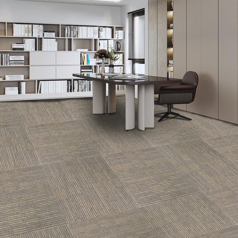 Backontro Commercial Carpet Tiles, 24" x 24" Squares, Non-Slip Soft Square Floor Tile, 18 Pieces/72 sq ft,Easy DIY with Flexlok Tabs for Office, Bedroom, Living Room (1 Box,Kahki)