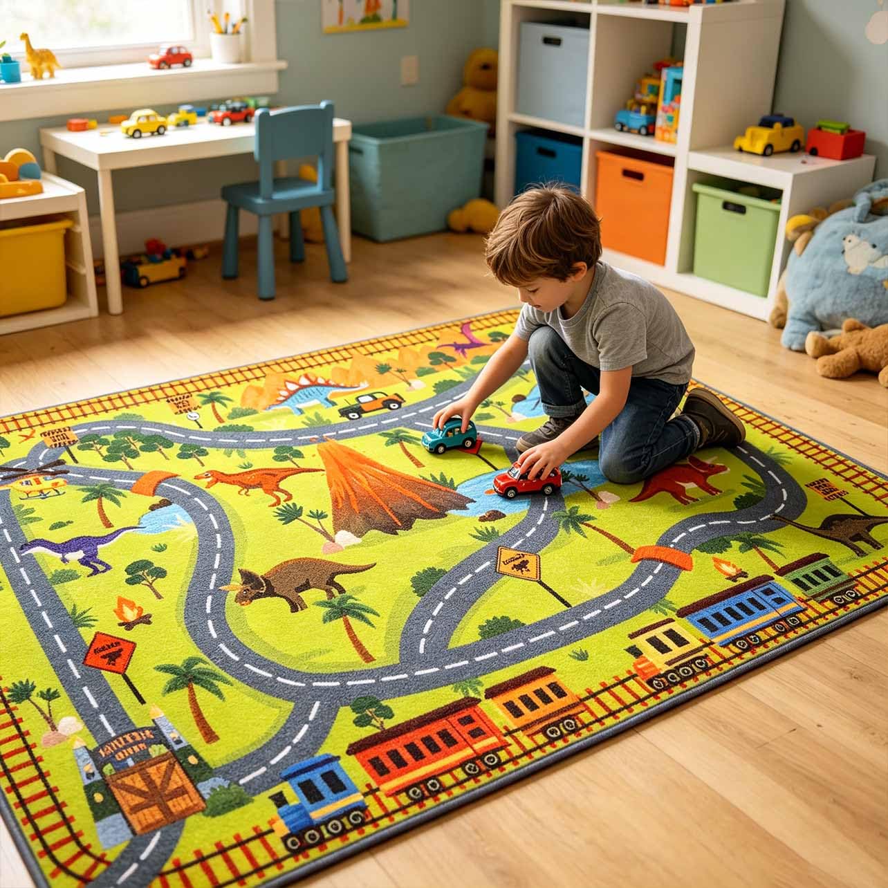 LIVEBOX Kids Dinosaur Car Rug 3x5, Play Rugs with Roads for Toy Cars, Washable Non Slip Advanture Dino Carpet for Boys Bedroom, Playroom