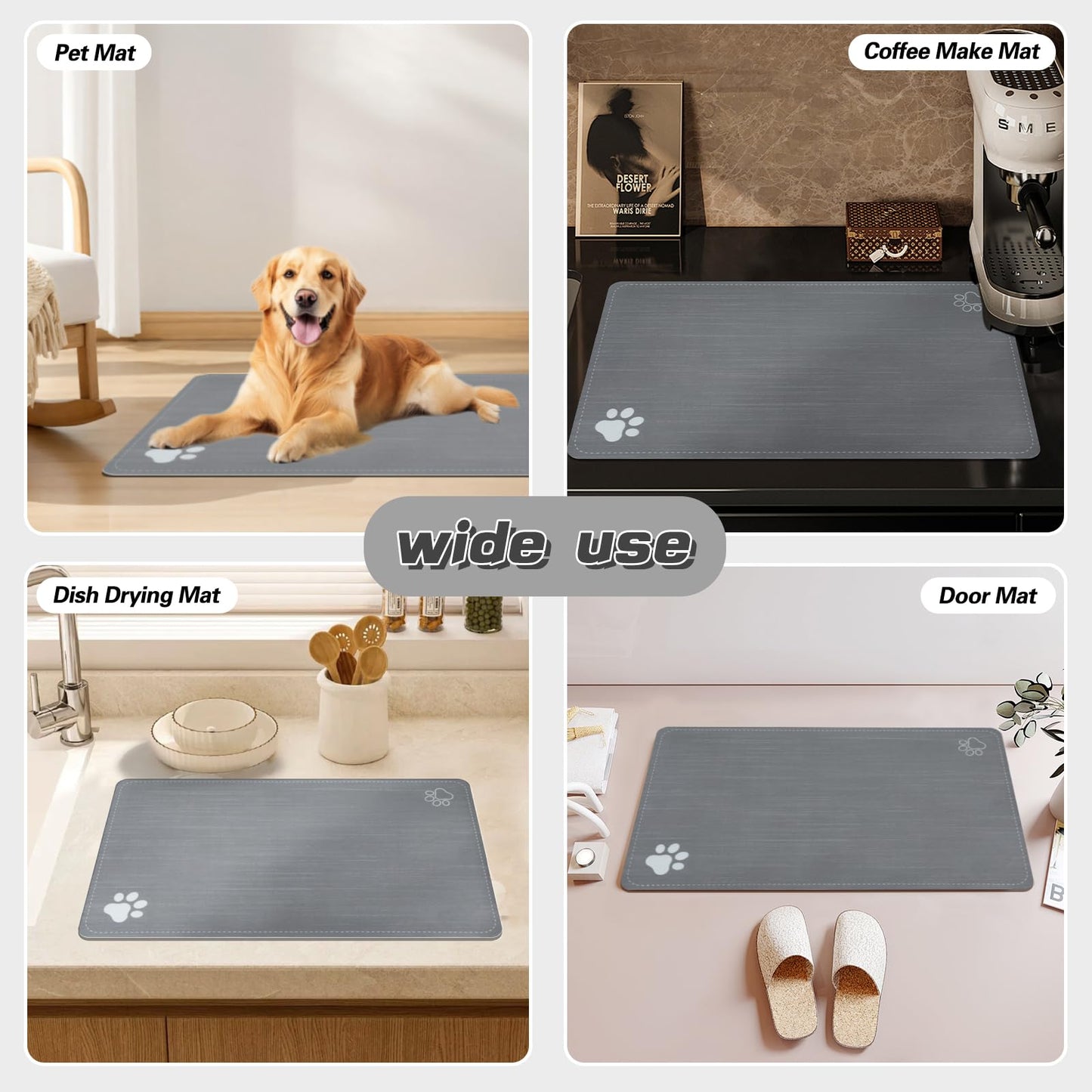 Le courant Cat & Dog Feeding Mat for Bowl-Pet Eating mat,Absorbent Non-Slip,Quick Dry Dog Water Bowl Dispenser Mat,Backing Pet Placemat for Messy Drinkers,Grey.Dog Paw-11.8x19.7 in