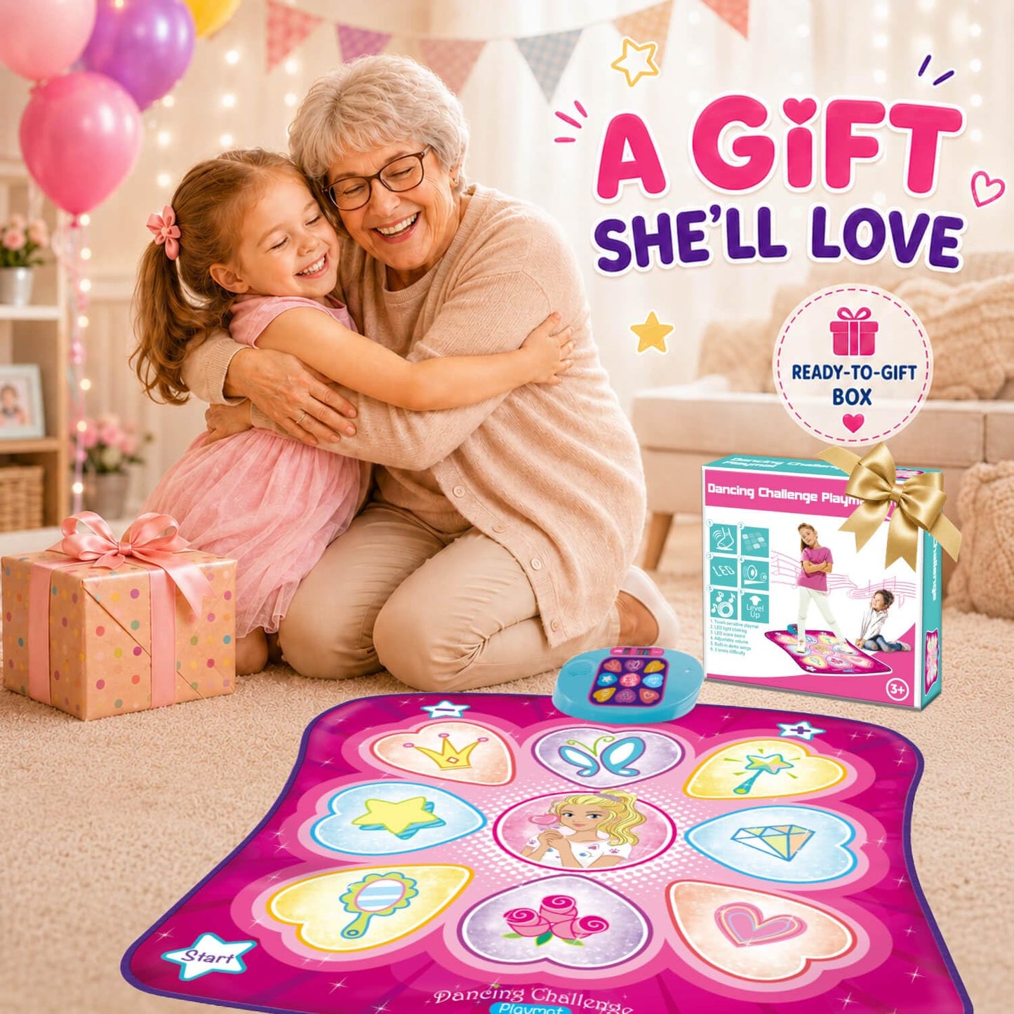 SUNLIN Dance Mat - Rhythm Step Play Mat - Dance Game Toy Pad with LED Lights, Gift for Kids Girls 3-8, Adjustable Volume, Built-in Music, 3 Challenge Levels