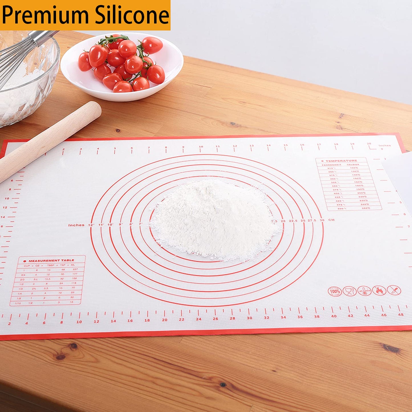 Silicone Baking Mat，Non Stick Rolling Dough with Measurements for Pie Pizza Cookies Fondant Making，Extra Thick Non Slip Silicone Pastry Mat (Red, M-16"×20")
