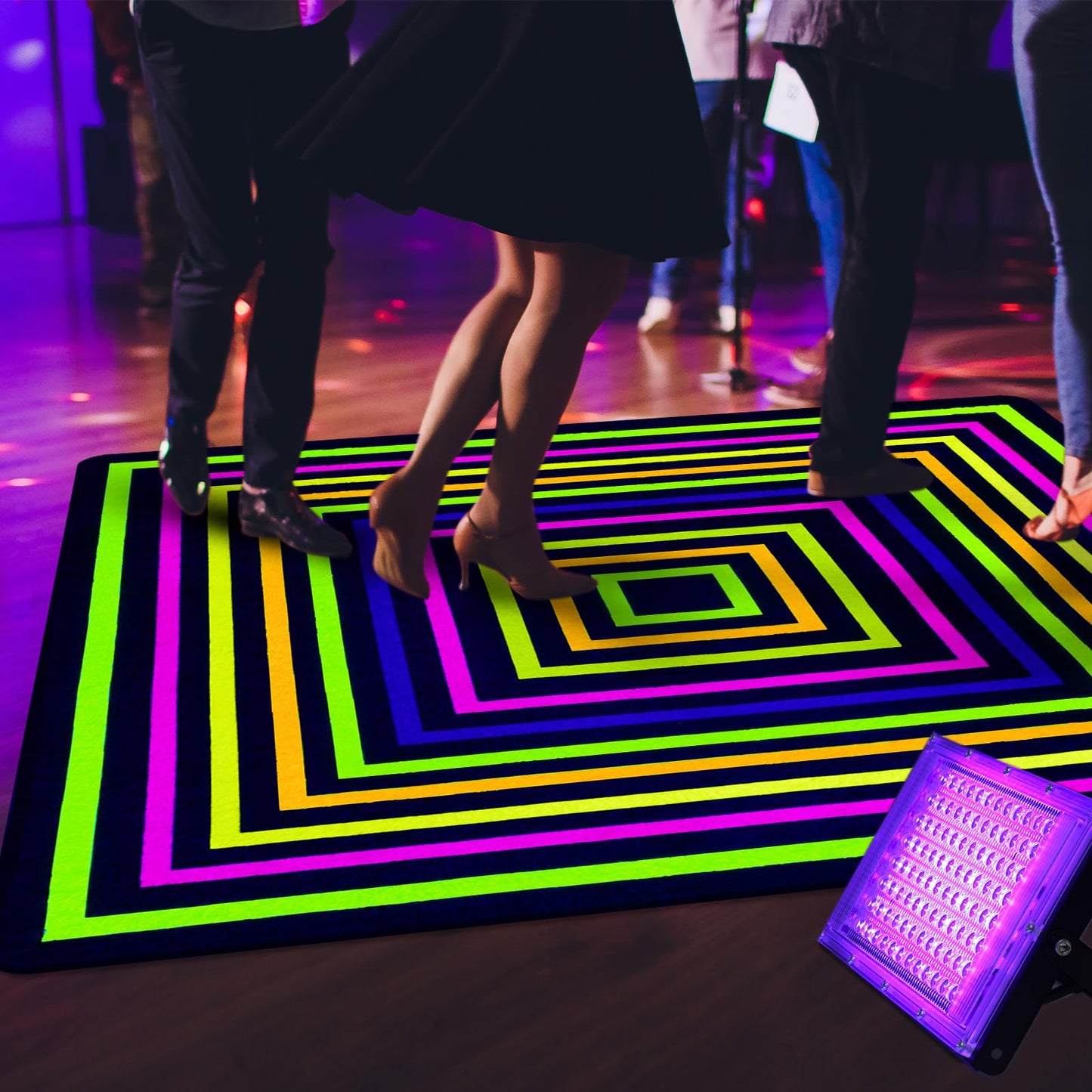 Duraaamo 39×39'' Neon Dance Floor, Glow in The Dark Dance Floor 80s 90s Party Decoration, Blacklight Rug UV Reactive Fluorescent Non-Slip Carpet Runner for Birthday Game Playroom(Square)